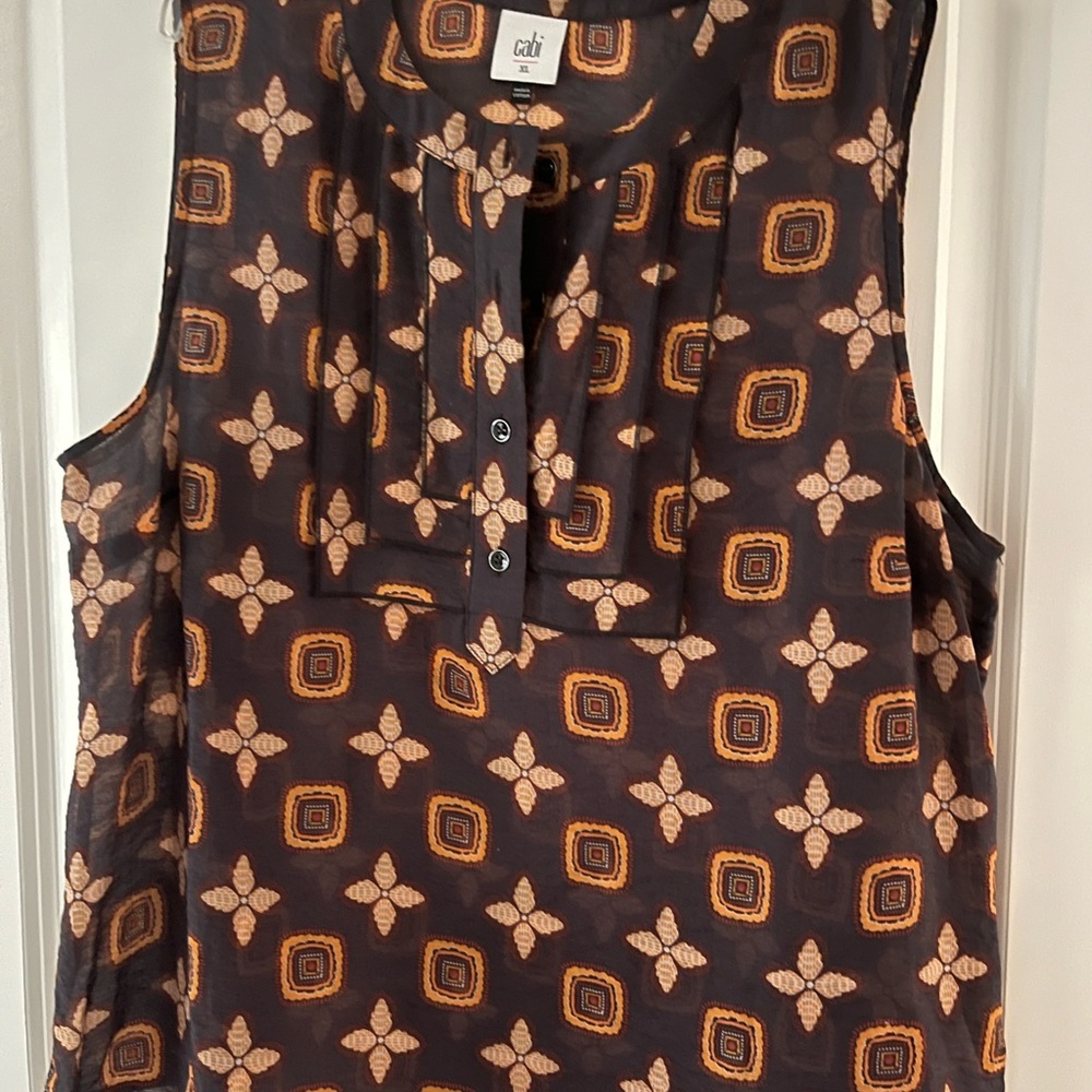 CAbi Louis Top- Brown Sleeveless Buttoned Tunic with Mandarin Collar